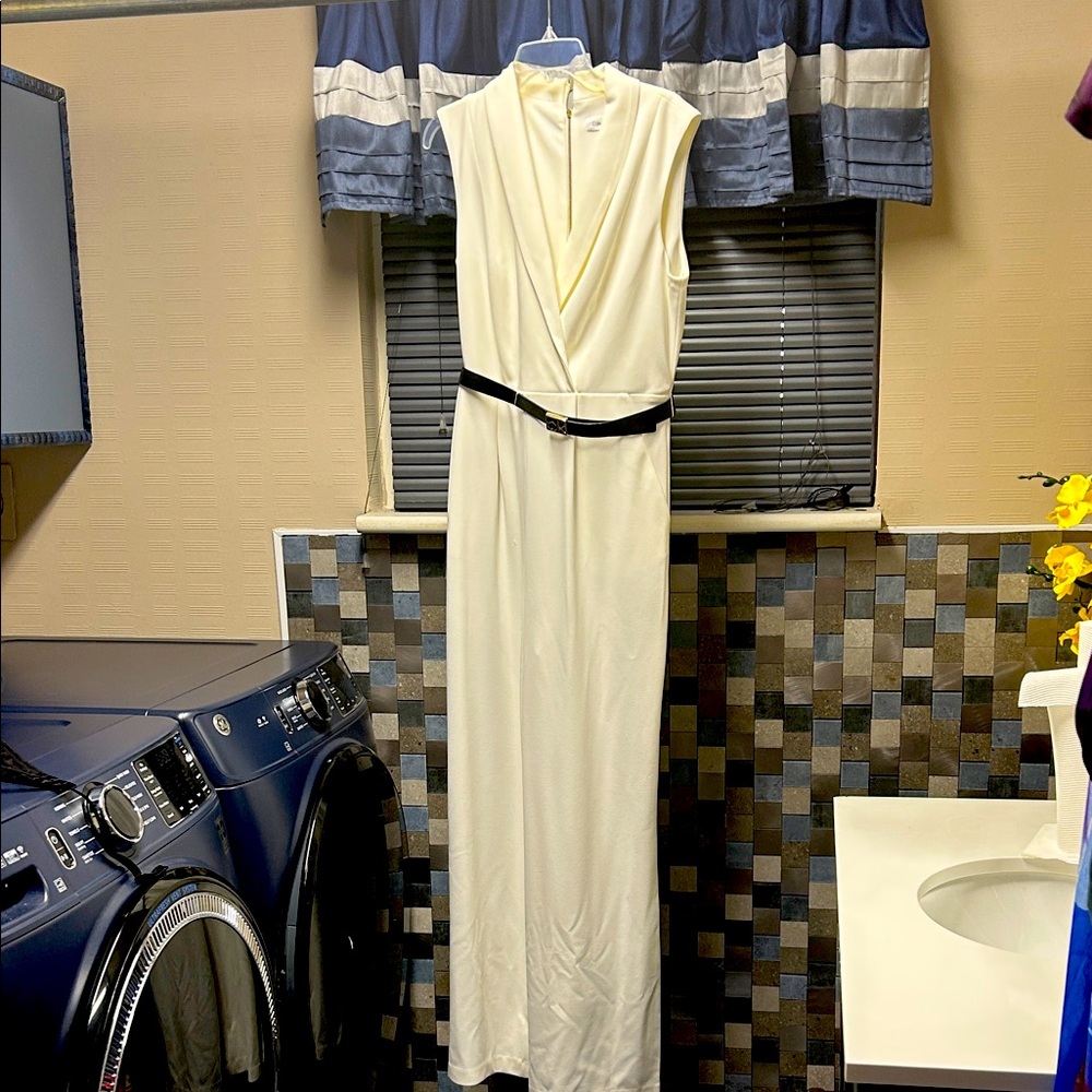Calvin Klein Cream Jumpsuit with Black Belt